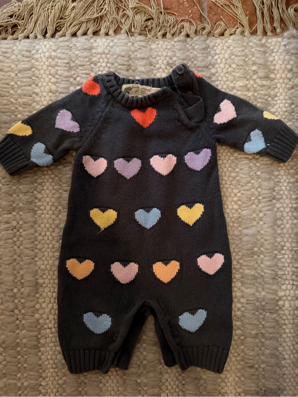 Baby Knit Heart One-Piece Romper - Black with Pastel Hearts
